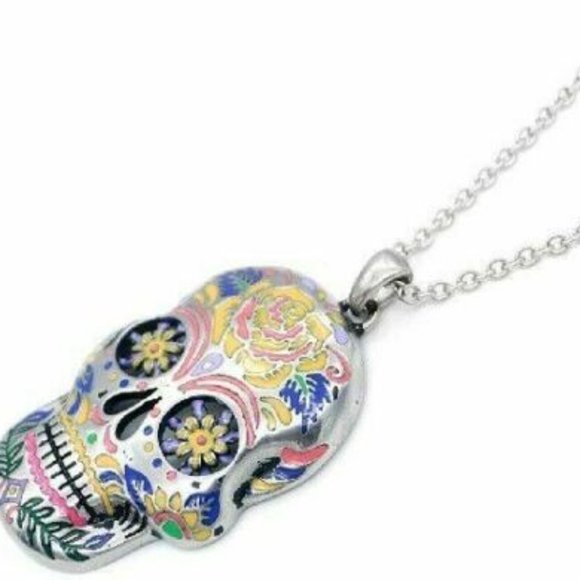 Blue Floral Sugar Skull Necklace w/Swarovski Crystals Length: 28" by Controse - Picture 4 of 4